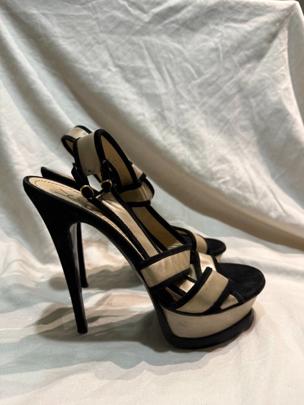 Yves Saint Laurent Black Suede Champagne T-Strap Cage Platform Sandal Sz 39.5